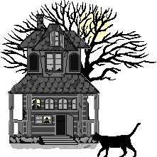 Haunted house with a black cat wandering in front of it.