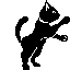 a black cat standing with a wagging tail