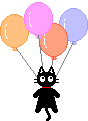 a black cat hanging by balloons