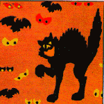 a black cat on an orange background